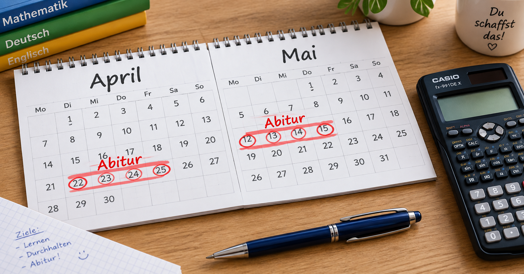 Kalender mit markierten Prüfungstagen für das Abitur 2027