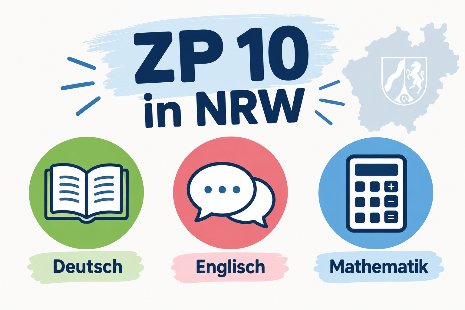 Übersicht zur Zentralen Prüfung 10 in NRW mit den Fächern Deutsch, Englisch und Mathematik